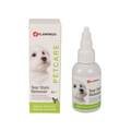 Flamingo Tear Stain Remover bottle and packaging box shown on a plain white background. The product is a pet care solution with a white bottle and cap, and a matching box featuring a white dog photo and green accents.