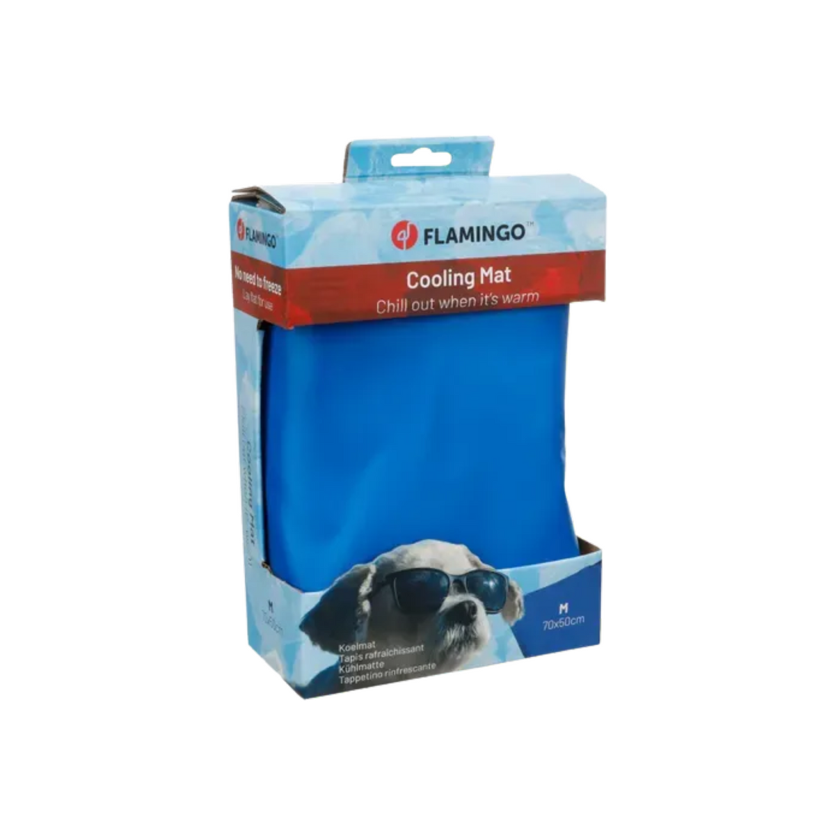 A packaged blue cooling mat for pets, shown in its retail box with the brand name Flamingo visible on the front.
