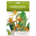 Seed packet for Hortus Elementus Strelitzia 'Linea Flori' bird of paradise flowers, featuring a green header and a photo of orange and green tropical flowers.