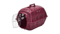 A burgundy plastic pet carrier with a hinged wire door, shown on a plain white background.