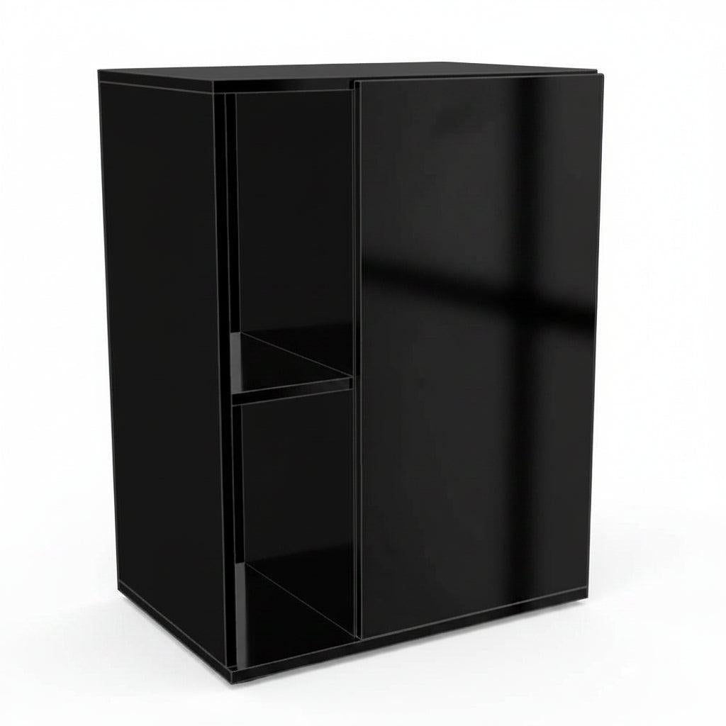 A black glossy wall-mounted cabinet with one open shelf and one door, shown at a three-quarter angle on a plain white background.