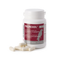 A white plastic bottle of PALMEXOL parrot supplement with a maroon label, shown with several off-white capsules in front on a white background.