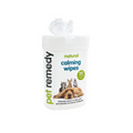 A white plastic tub of pet calming wipes with a flip-top lid, featuring the brand name 'pet remedy' and product text 'natural calming wipes' on a white background.