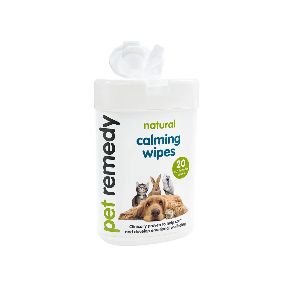 A white plastic tub of pet calming wipes with a flip-top lid, featuring the brand name 'pet remedy' and product text 'natural calming wipes' on a white background.