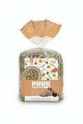 A bag of PUUR Timothy Hay for small animals, featuring green and yellow dried hay inside a clear plastic bag with a brown paper collar and a brown label, shown on a white background.