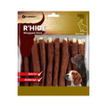 Pack of Flamingo R'Hide Wrapped Stick dog treats, specifically formulated for rabbits, shown in a clear plastic bag with a brown and gold cardboard header.