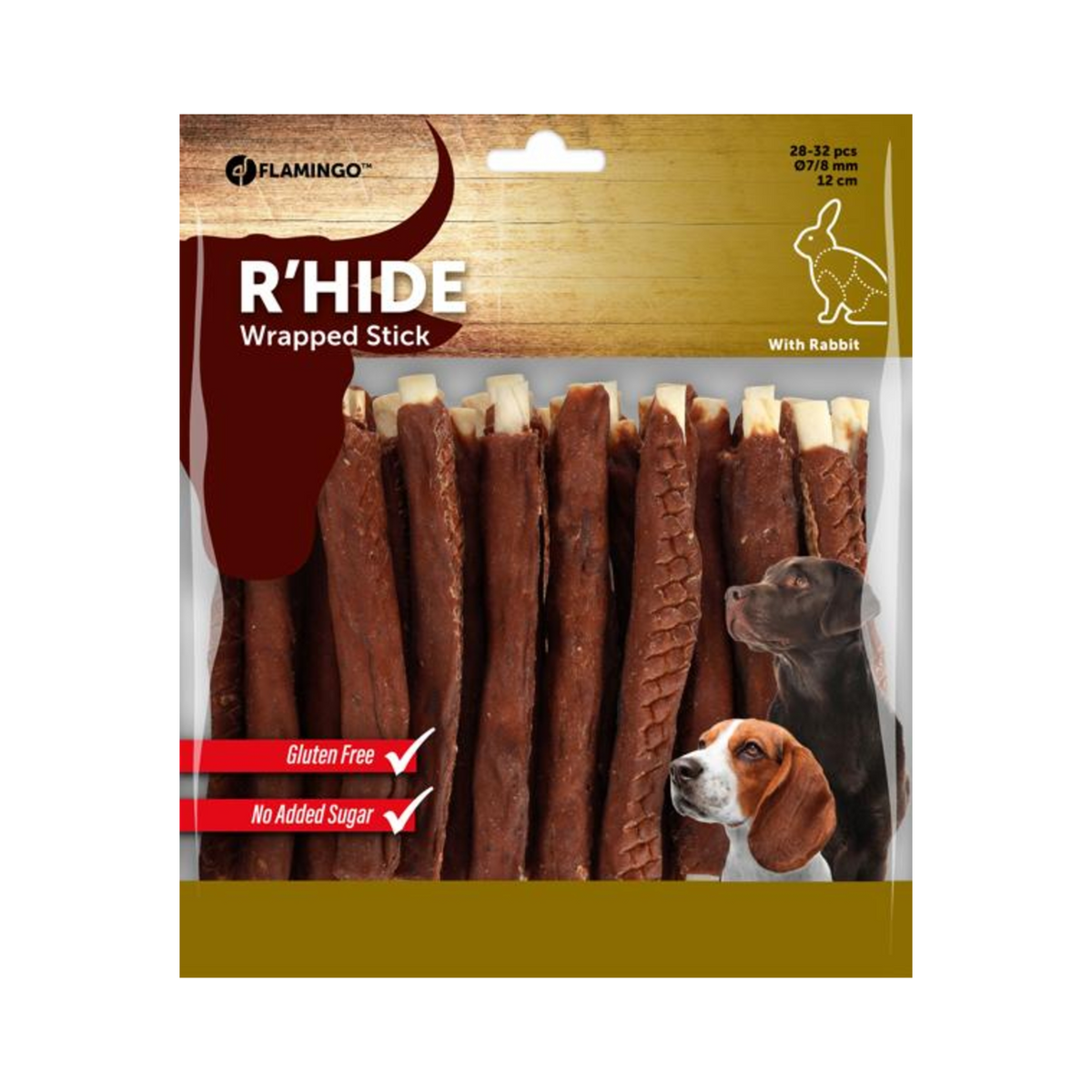 Pack of Flamingo R'Hide Wrapped Stick dog treats, specifically formulated for rabbits, shown in a clear plastic bag with a brown and gold cardboard header.