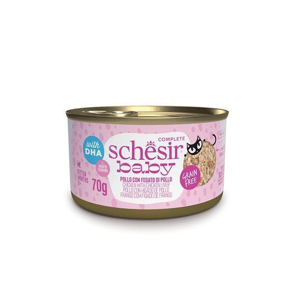 A 70g can of Schésin Baby Complete Grain Free chicken wet cat food, featuring a pink label with a gold metal rim and base, on a white background.