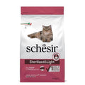 Schésir cat food bag for sterilized cats, featuring a brown tabby cat on a white and pink package. The bag is labeled 'Sterilized&Light' and contains 1.