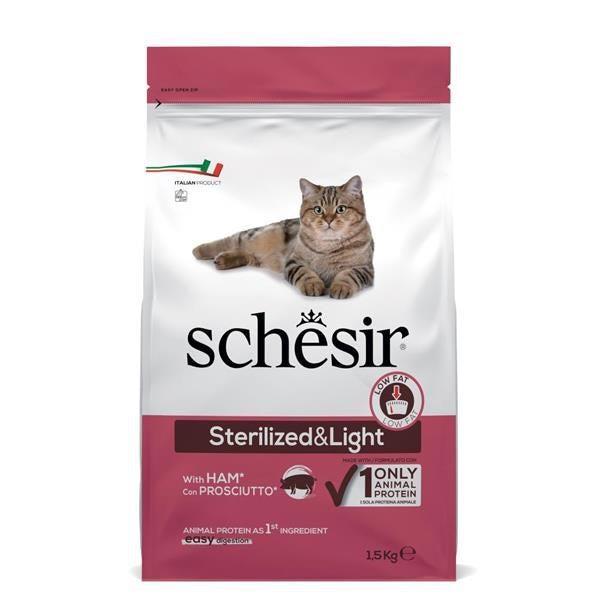 Schésir cat food bag for sterilized cats, featuring a brown tabby cat on a white and pink package. The bag is labeled 'Sterilized&Light' and contains 1.