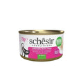 Can of Schesir cat food with chicken and ham on a white background