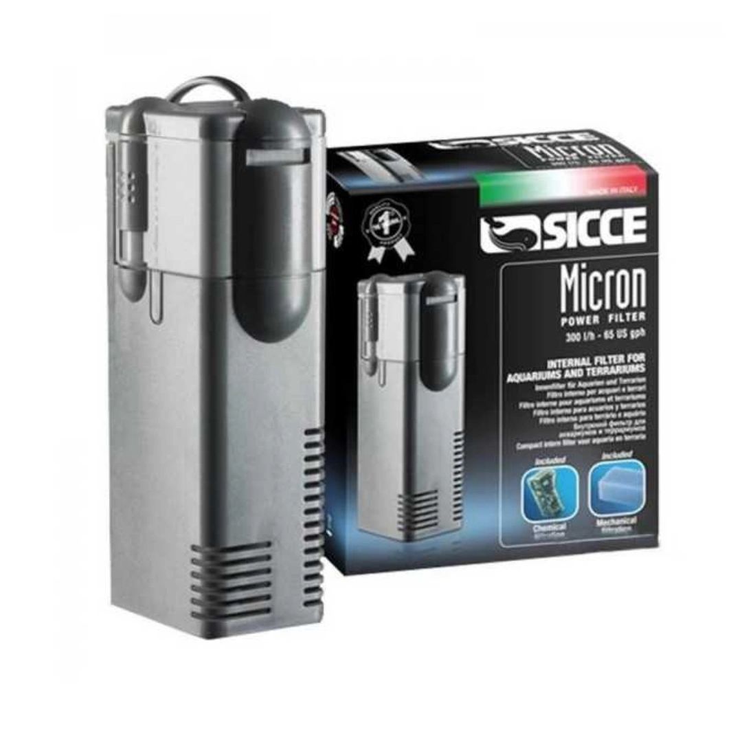 Compact grey SICCE Micron internal aquarium filter with adjustable flow control next to its branded product box.