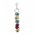 A vertical hanging bird toy made of a silver metal clip and five stacked metallic bells in green, gold, green, purple, red, and gold, shown on a plain white background.