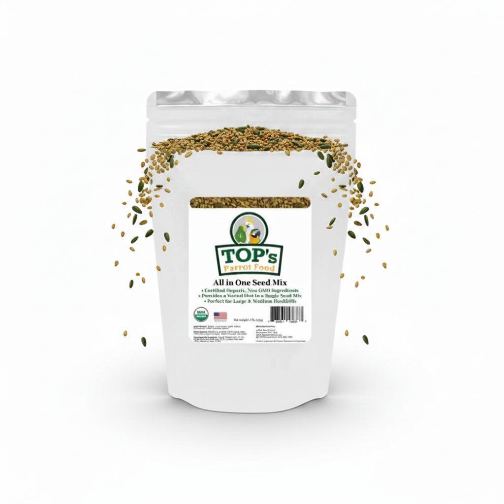 A white stand-up pouch of TOP's Natural Seeds All in One Seed Mix on a plain white background.