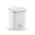 A white plastic waste bin with a hinged lid and a small white foot pedal, shown on a clean white background.