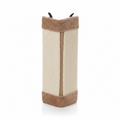 A tall, narrow cat scratching post with beige sisal-wrapped sides, brown faux-fur trim at the top and bottom, and two black metal claws visible at the top, shown on a plain white background.