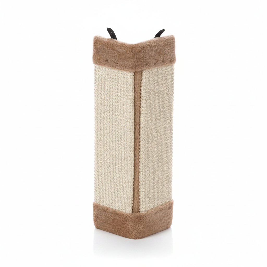 A tall, narrow cat scratching post with beige sisal-wrapped sides, brown faux-fur trim at the top and bottom, and two black metal claws visible at the top, shown on a plain white background.