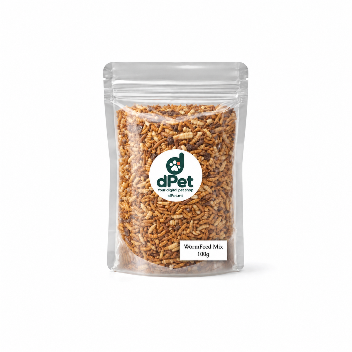 dPet.mt own-packed WormFeed mixed dried insects in a clear resealable 100g pouch