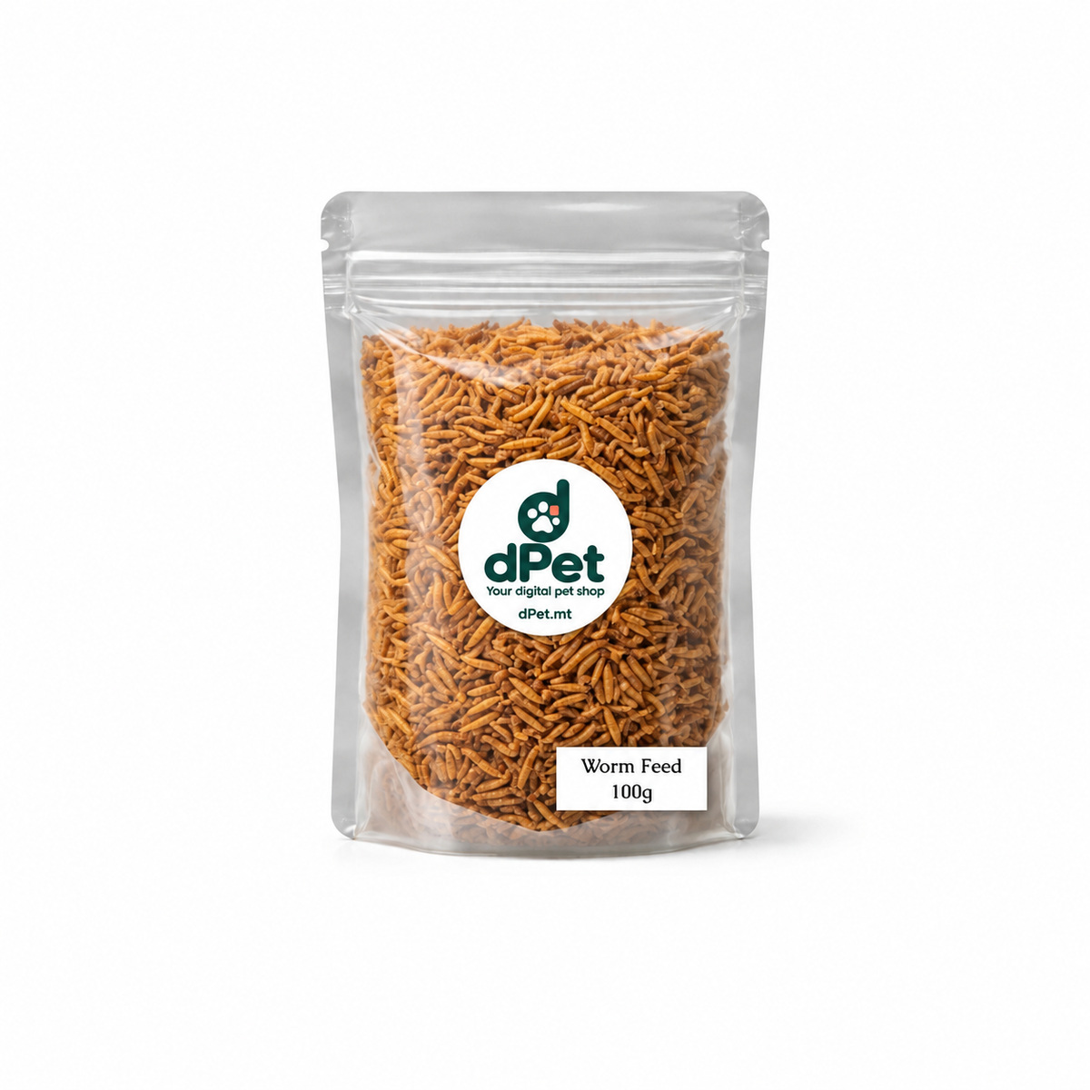 dPet.mt own-packed WormFeed premium dried mealworms in a clear resealable 100g pouch