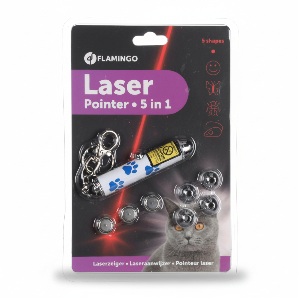 Flamingo brand 5-in-1 laser pointer keychain in retail blister packaging, showing the white cylindrical laser body with blue paw prints, silver keychain rings, and several clear lenses, with a cat photo printed on the card.