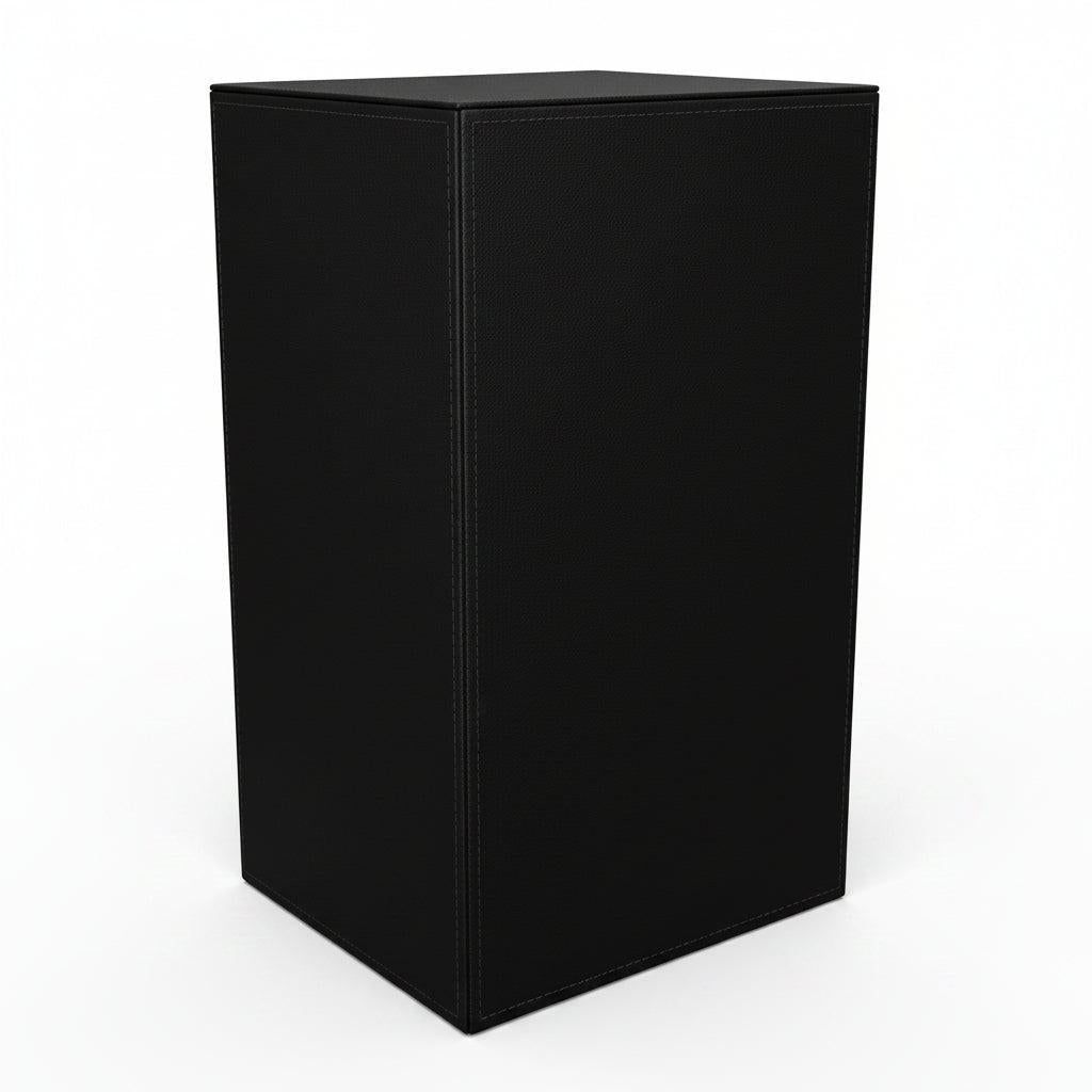 A black rectangular pedestal or display stand with a solid matte finish, shown from a three-quarters perspective on a plain white background.