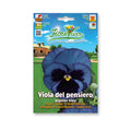 A package of FioreFaro 'Gigante Bleu' giant blue pansy seeds, featuring a large graphic of a dark blue-purple pansy flower on a green lawn background with a blue sky header.