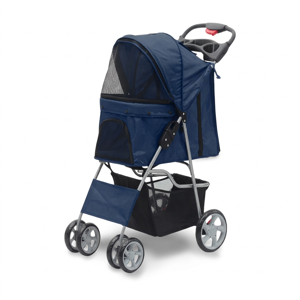 Pawise blue four-wheel foldable pet stroller for pets up to 15kg
