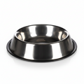 A stainless steel pet food bowl with a black non-slip base, shown on a plain white background.