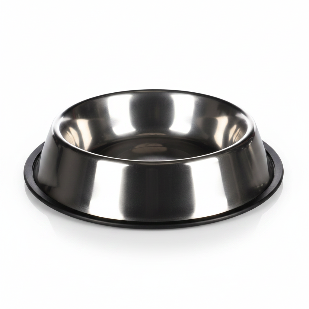 A stainless steel pet food bowl with a black non-slip base, shown on a plain white background.